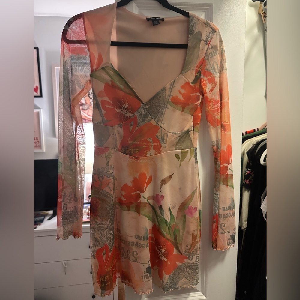 PrettyLittleThing Orange, Green and White Floral/Parisian Long Sleeve Dress
